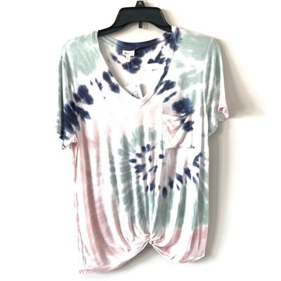 Self Esteem Juniors' Twist Knot Pocket Tie Dye Swirl TShirt Pink Mint Blue - Picture 2 of 5
